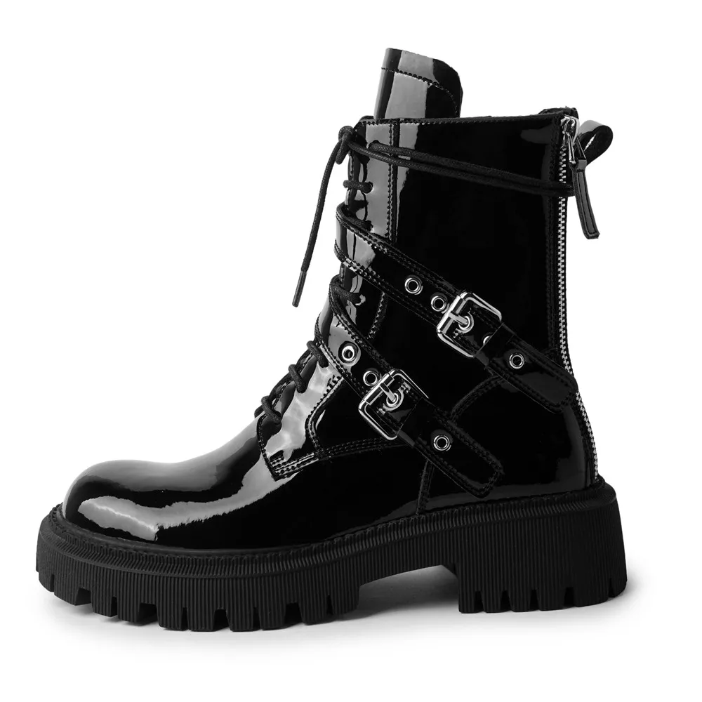 Genuine leather ankle boots with zipper and buckle