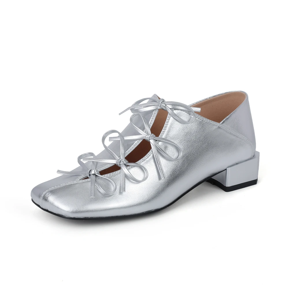 Genuine leather square toe thick heel bowtie party pumps