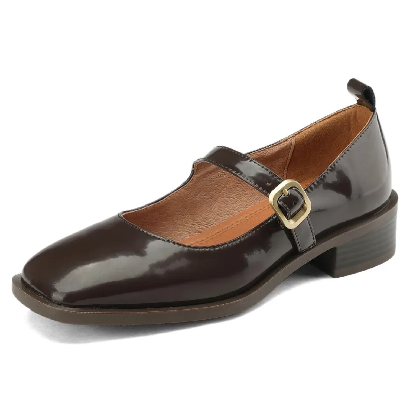 Genuine leather square toe low heel mary janes shoes