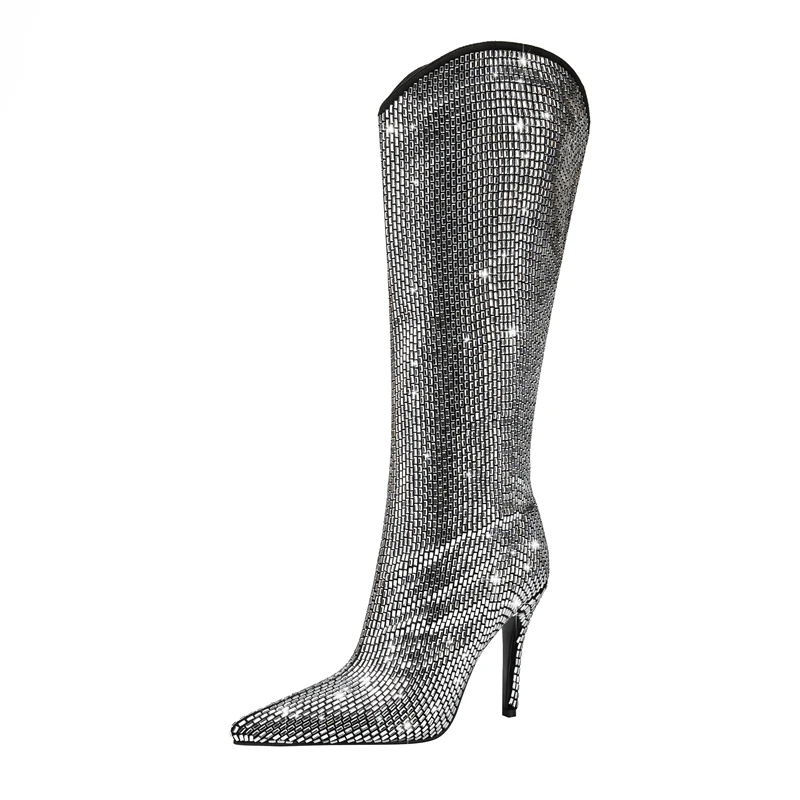 Rhinestone high heel long boots