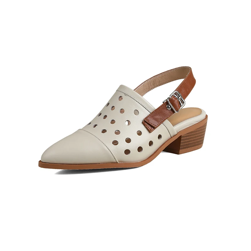Genuine leather pointed toe chunky heel sandals with ankle strap