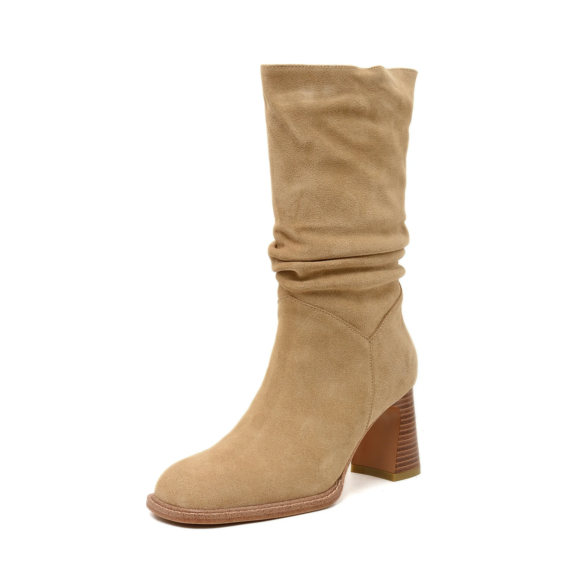 Warm suede leather mid-calf high heel boots