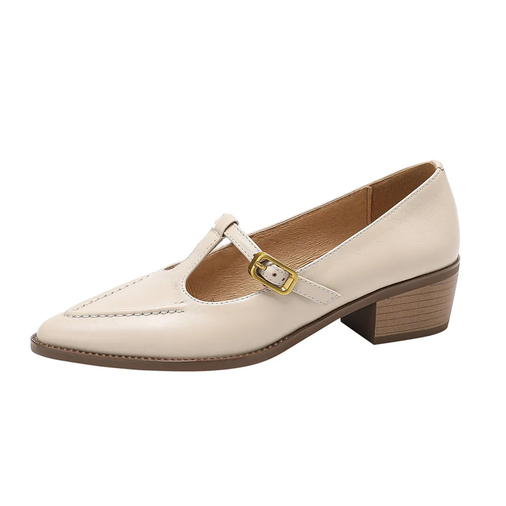 Retro leather pointed toe pumps with thick heels