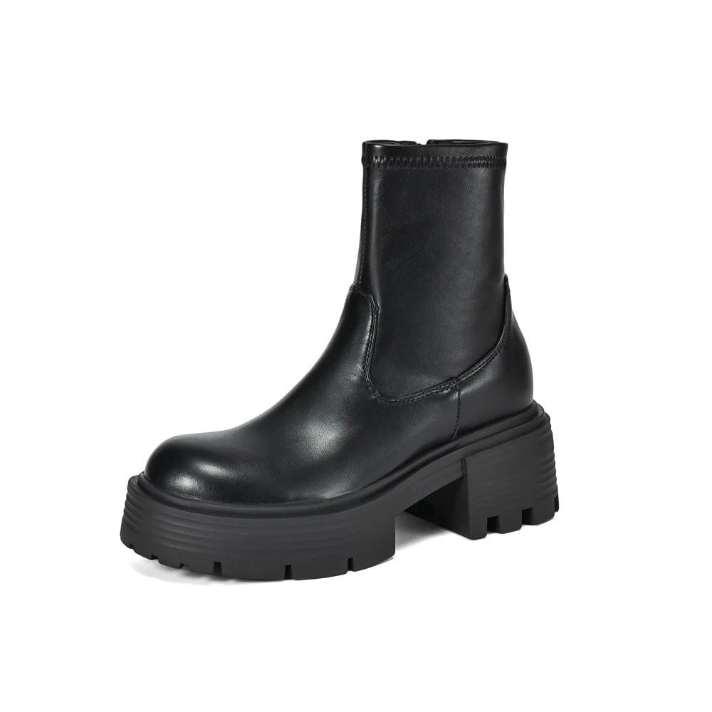 Punk rock ankle boots with high heels and round toe