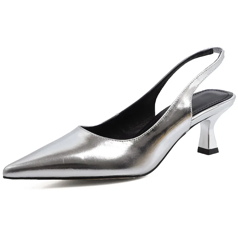 Genuine leather pointed toe high heels slingback sandals