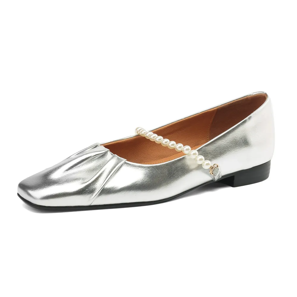 Genuine leather low heel square toe pumps