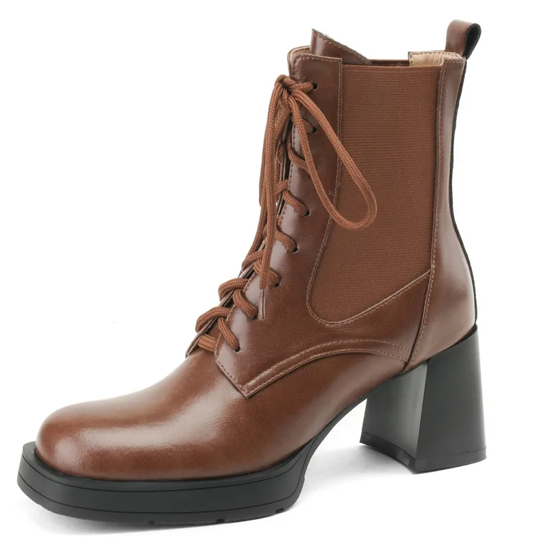 Genuine leather platform ankle boots with high heels