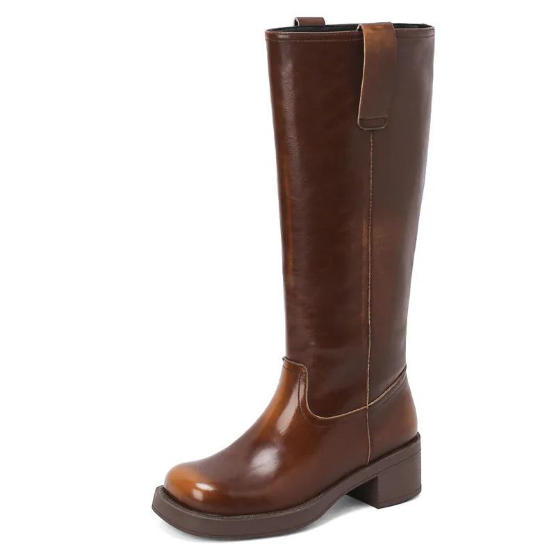 Genuine leather knee high slip on winter boots with platform heels