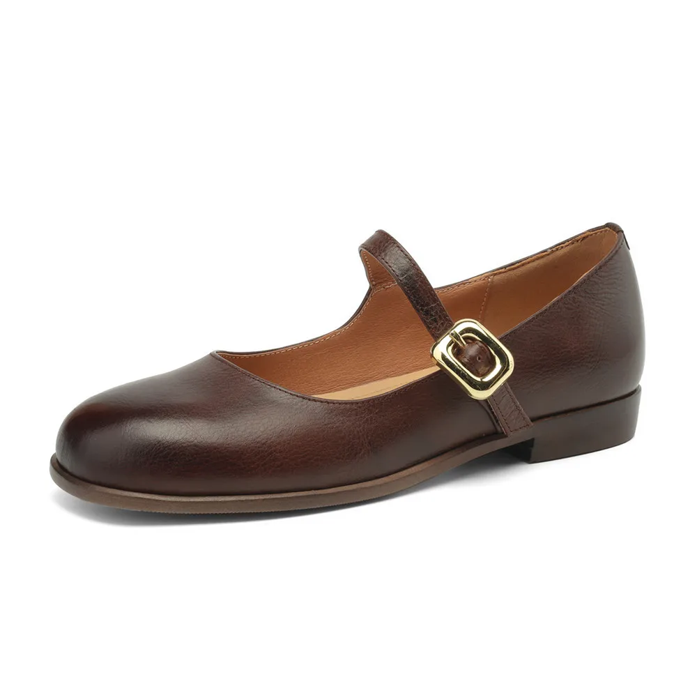 Genuine leather round toe pumps with buckle strap