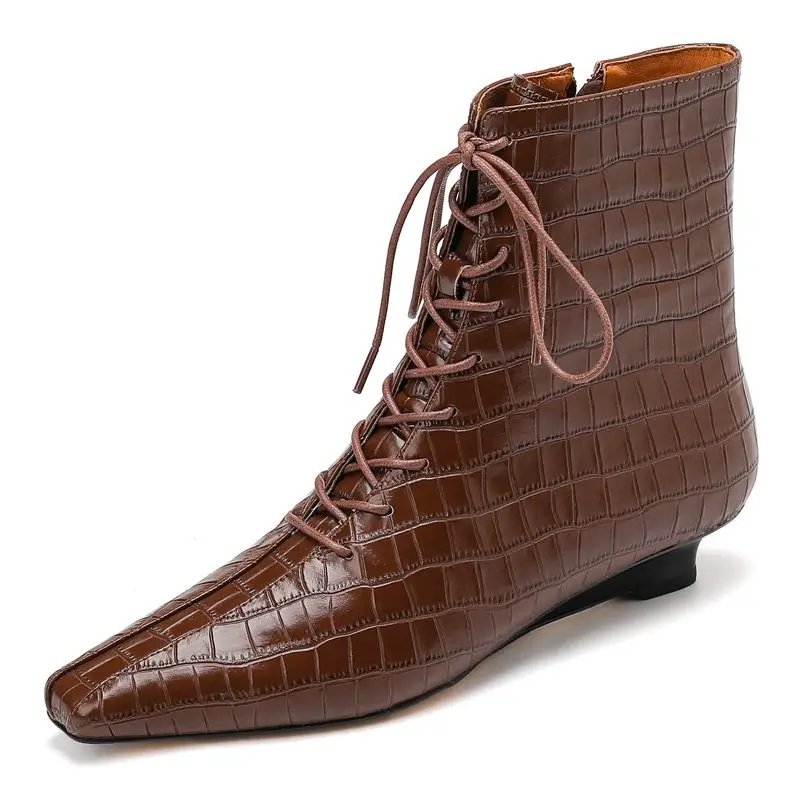 Genuine leather ankle boots with wedge heels and zipper