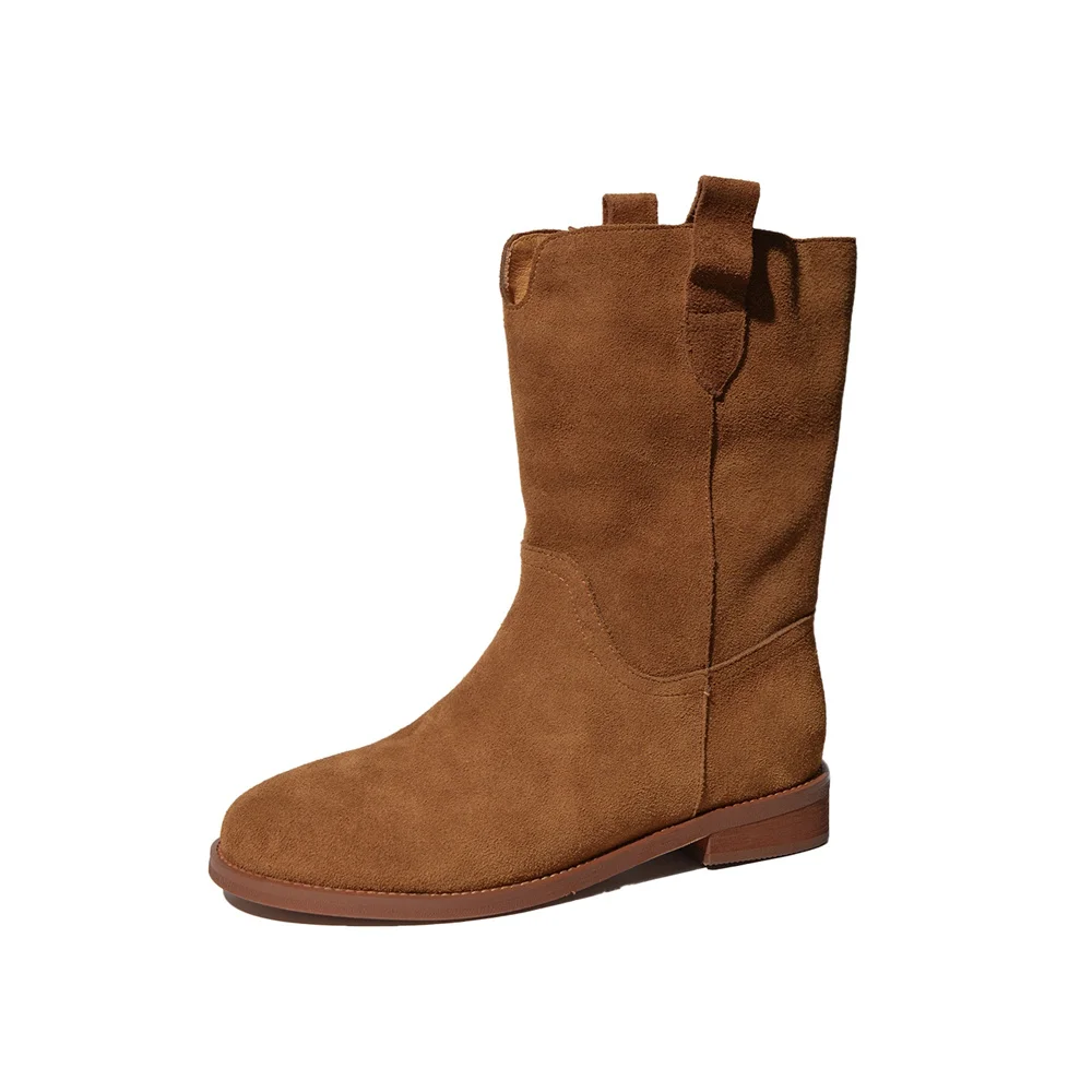 Retro cow suede mid-calf boots with low heels