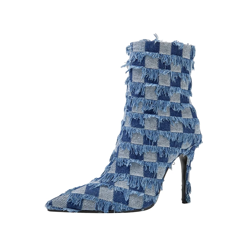 Pointed high heel denim plaid short boots
