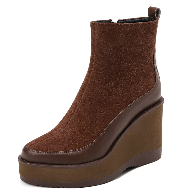 Cow suede leather wedge ankle boots with zipper