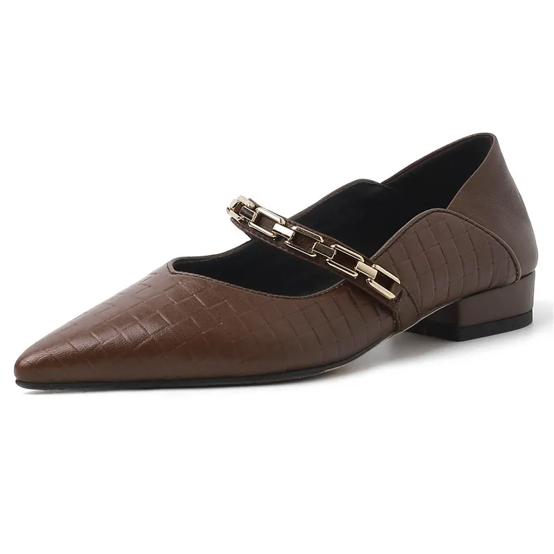 Genuine leather pointed toe mary jane shoes with mid heels