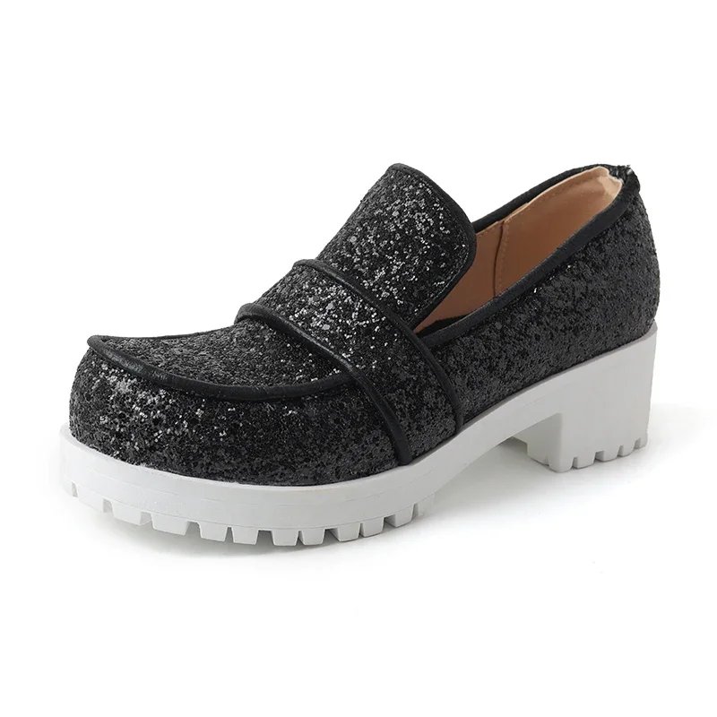 Sequin round toe slip-on pumps with thick heels
