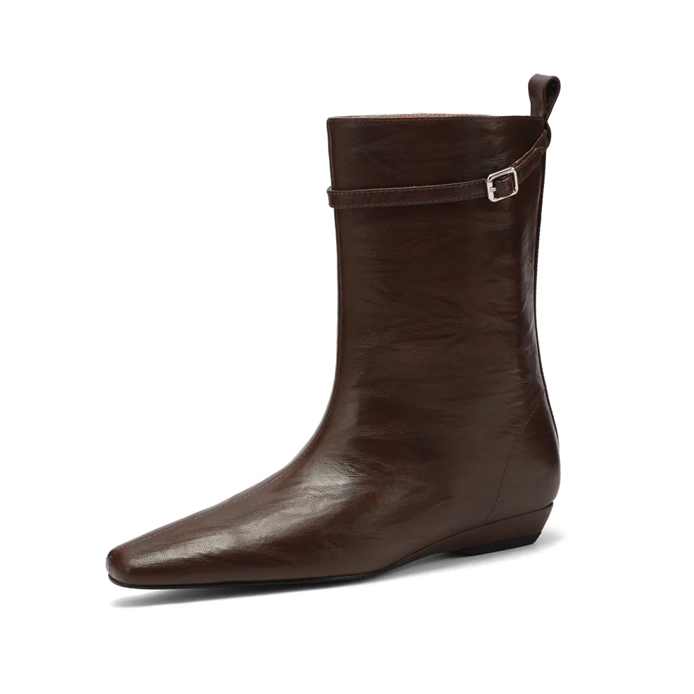 Soft leather mid-calf boots with low wedge heels and pointed toe