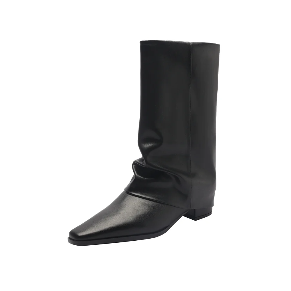 Elegant cow leather mid-calf pointed toe high heel boots