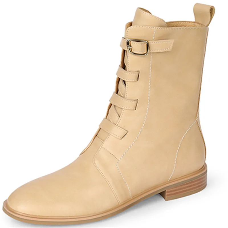 Vintage square low heels leather ankle boots with zipper