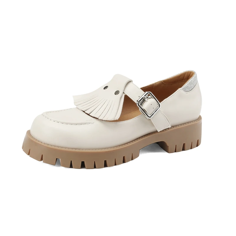 Round toe thick sole mary jane shoes with metal buckle and tassel