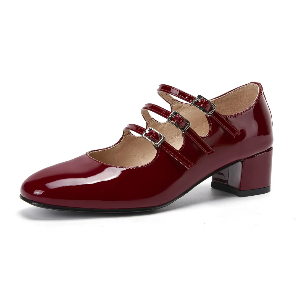 Genuine leather round toe mary jane pumps with buckle strap