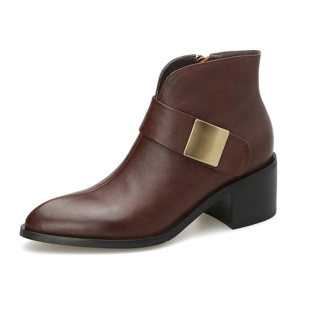 Genuine leather ankle boots with thick heels and side zipper