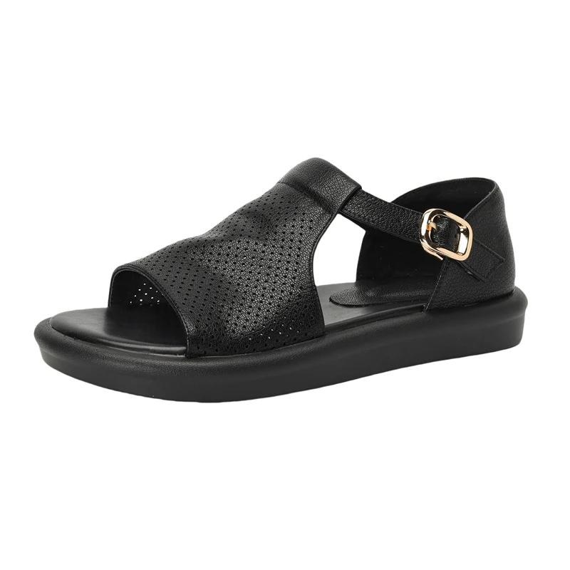 Genuine leather open toe sandals with hollow design