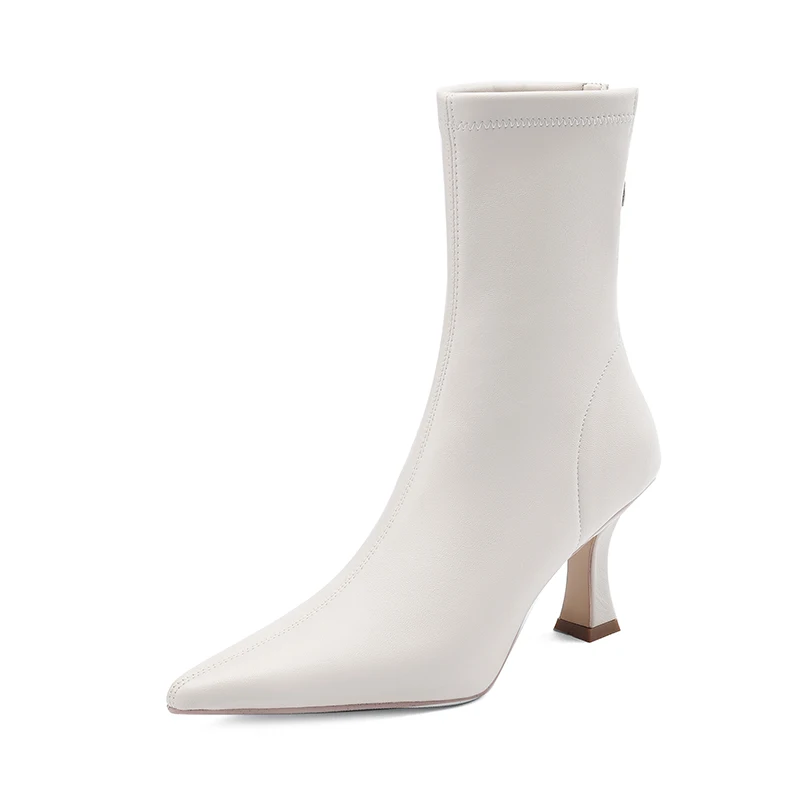 Stretch fabric ankle boots with high heels and pointed toe