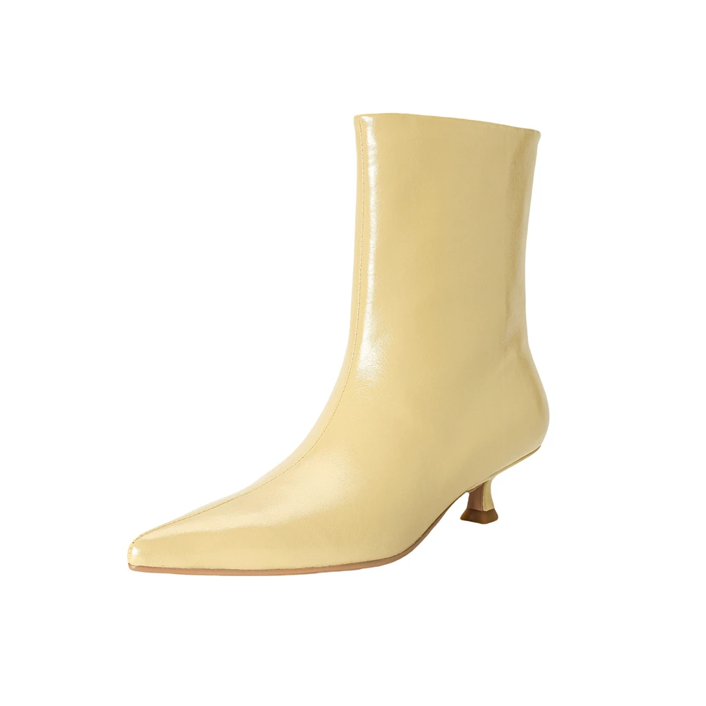 Leather mid-calf pointed toe boots with low heel