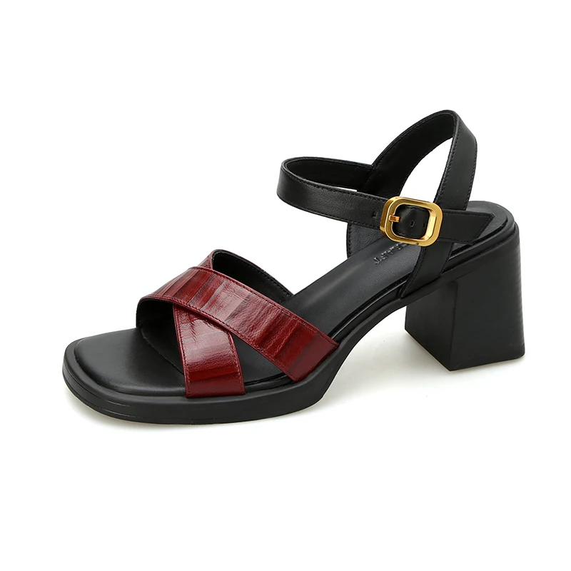 Elegant genuine leather high heel sandals with buckles