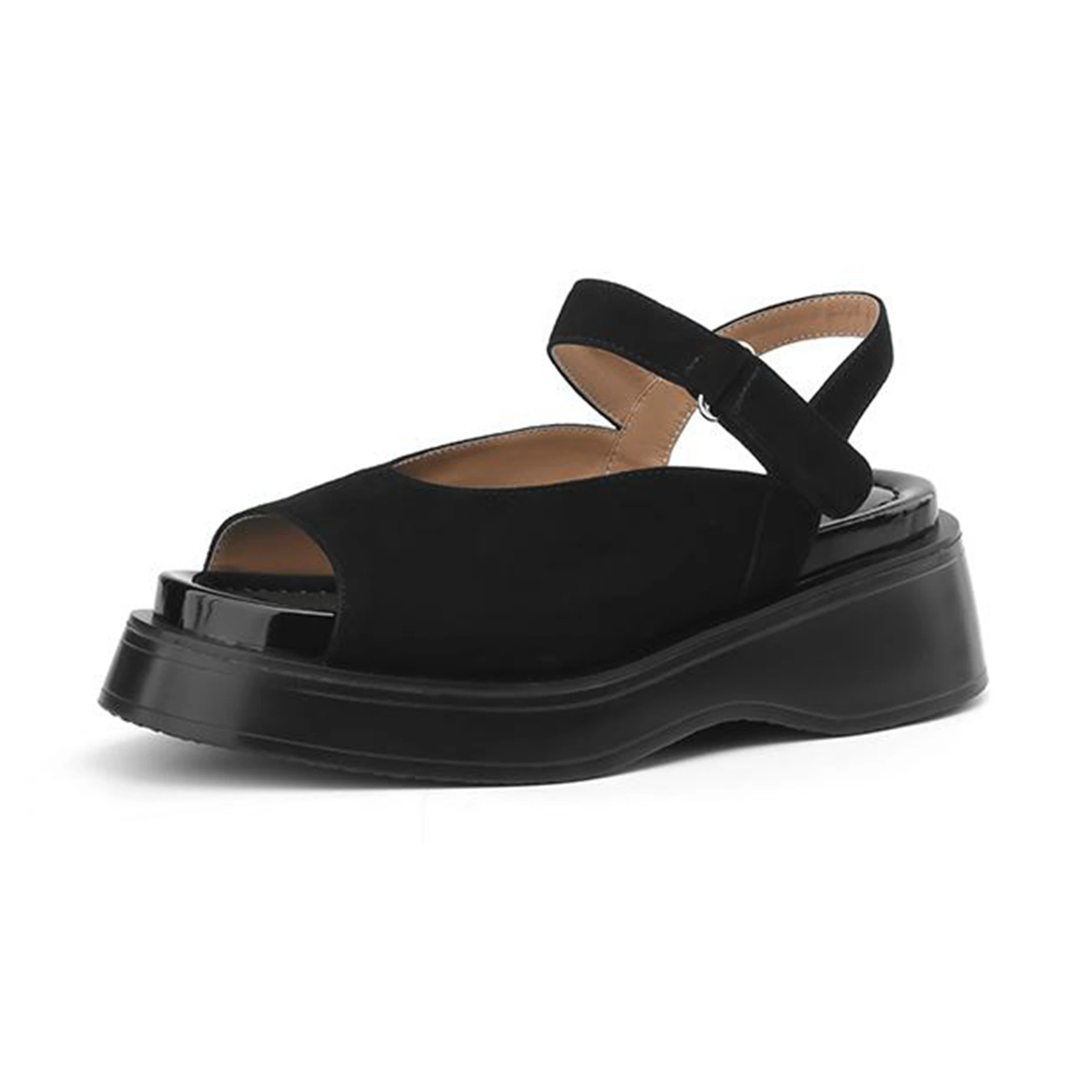 Sheep suede peep toe platform sandals with buckle straps