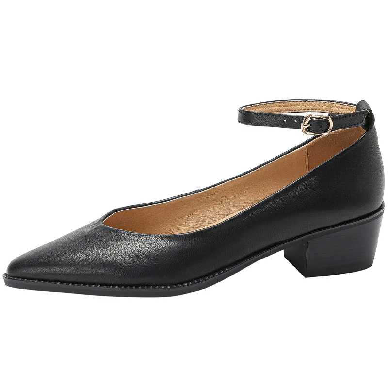 Elegant pointed toe ankle strap pumps with thick heels