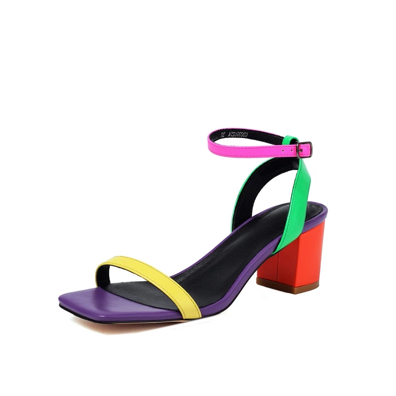 Colored open toe high heel sandals with metal elastic belt buckle