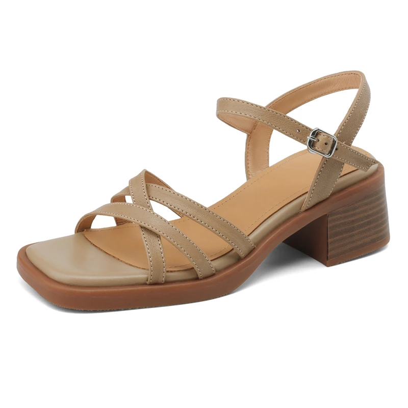 Genuine leather mid heel sandals for summer office wear