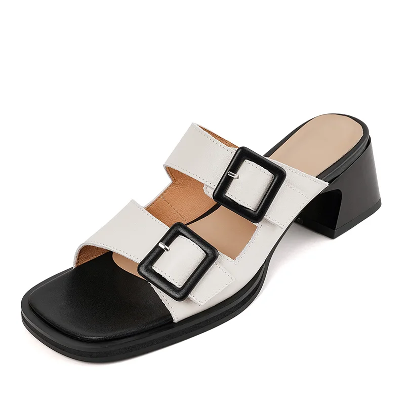 Genuine leather chunky heeled sandals open toe casual shoes