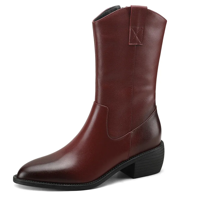 Genuine leather zipper mid calf boots with square heels