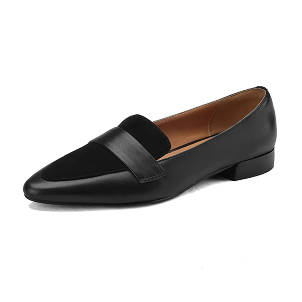 Pointed toe low heel office pumps in genuine leather