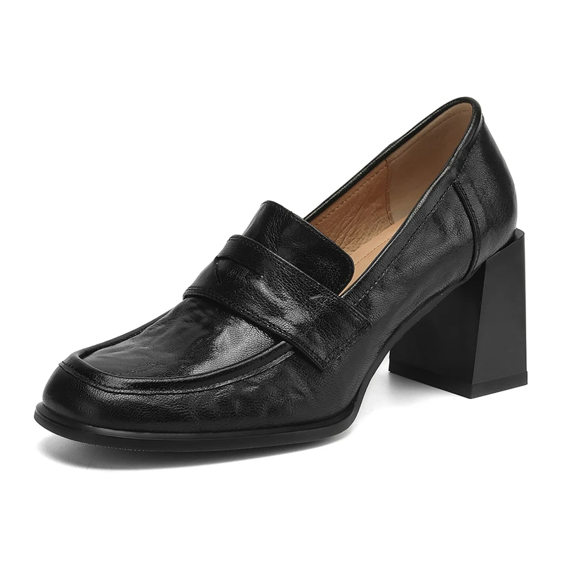 Leather round toe chunky heels pumps