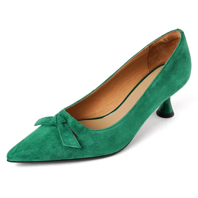 Suede pointed toe high heels with bowtie