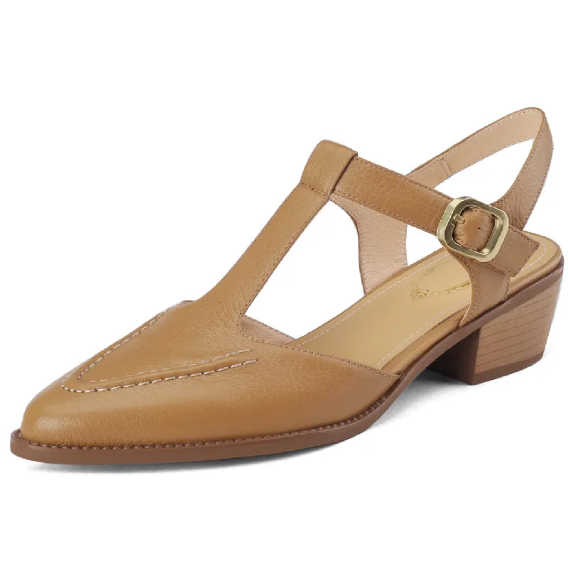 Genuine leather vintage t-strap sandals with thick heels