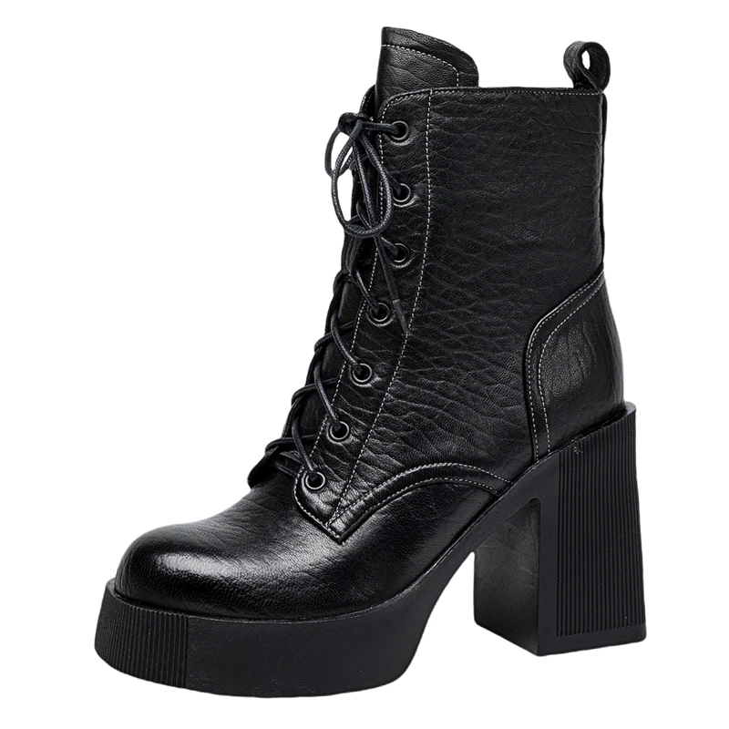 Genuine leather ankle boots with lace up and platform heels
