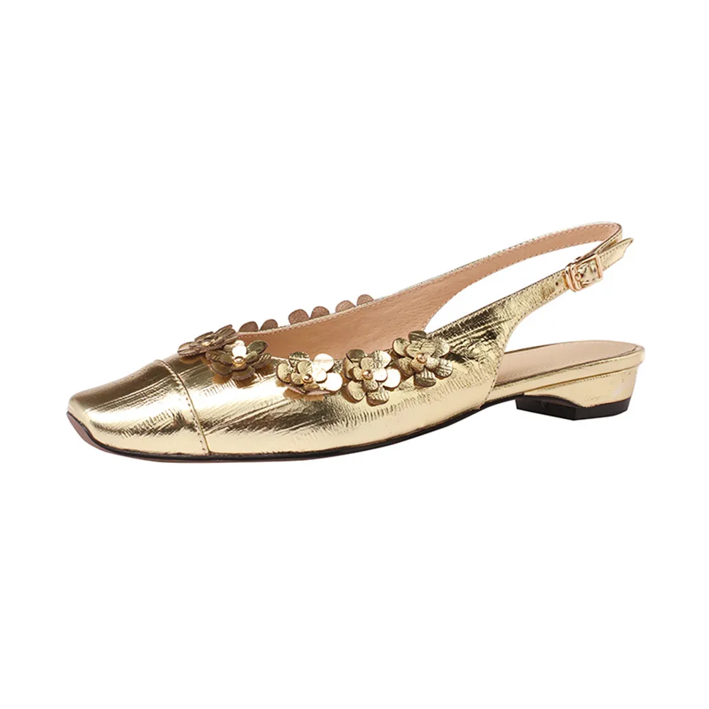 Genuine leather flower decor slingback pumps