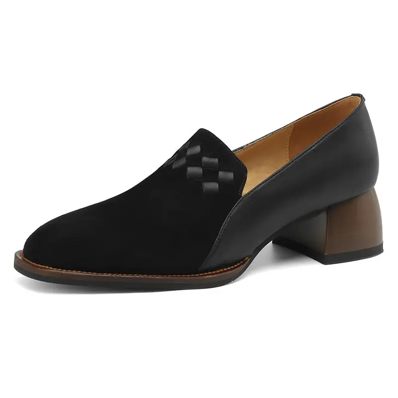 Genuine leather retro mid heel pumps for office dress