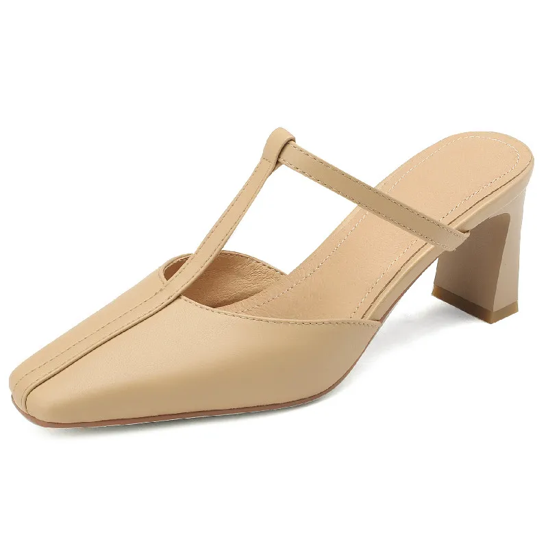 Elegant leather mules with square toe high heels