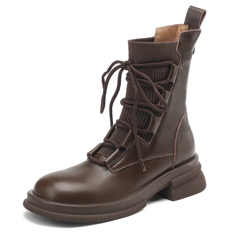 Knitted genuine leather ankle boots with zipper
