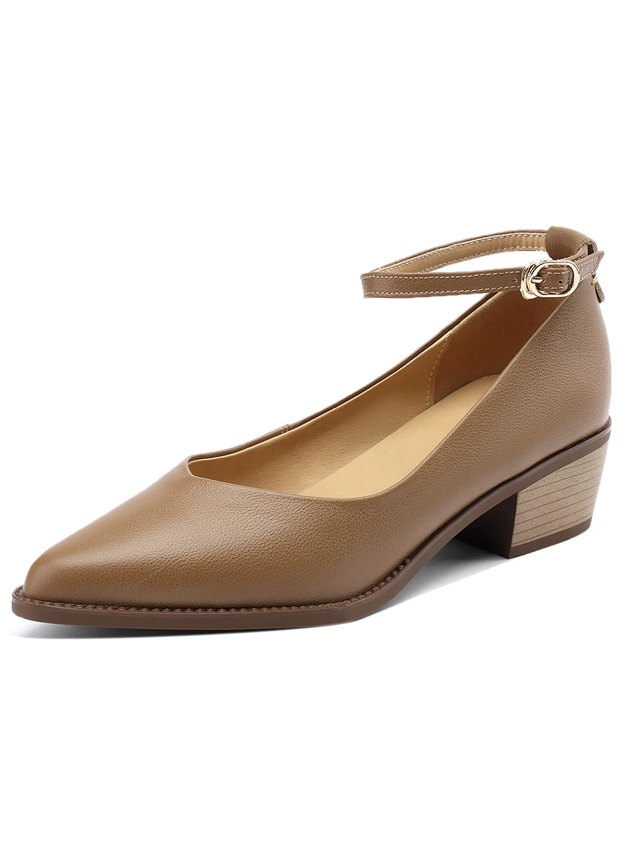 Ankle strap leather pumps yellow black pointed toe mid heels