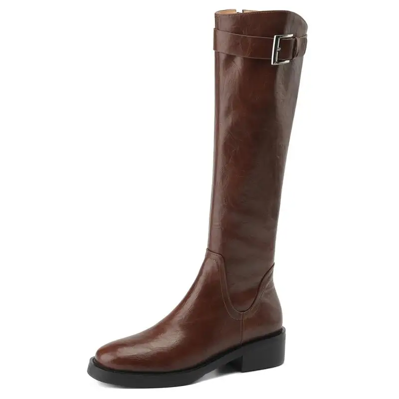 Genuine leather knee high boots with buckle and zipper