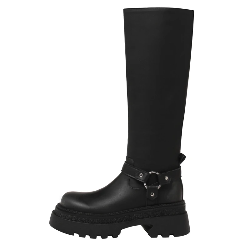 Genuine leather knee high platform boots with zipper