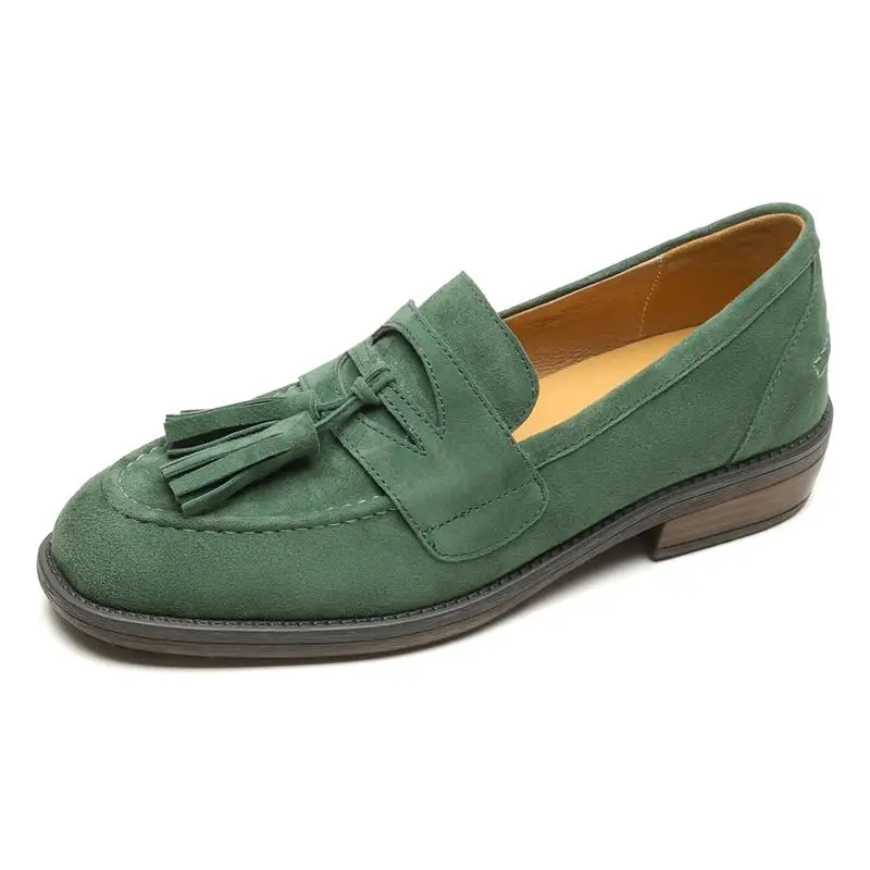 Suede leather loafers with mid heels and tassel
