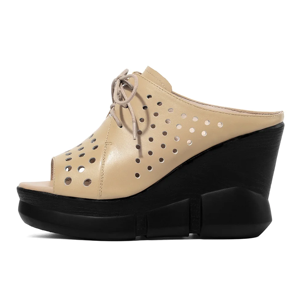 High wedge peep toe leather sandals
