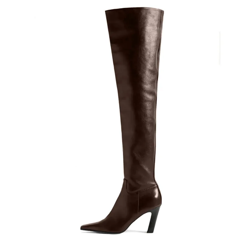 Genuine leather over the knee high heel boots with zipper